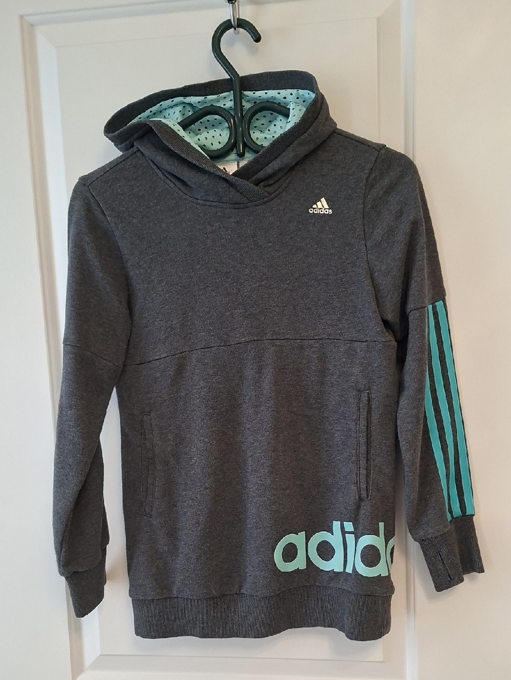Adidas Kids' Gray & Teal Hoodie Sweatshirt Thumbholes Pockets size 11-12Y